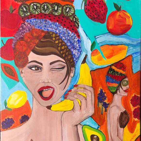 Fruit is Life, medium size painting, vegan, vegetarian woman, original home deco - Picture 2 of 7